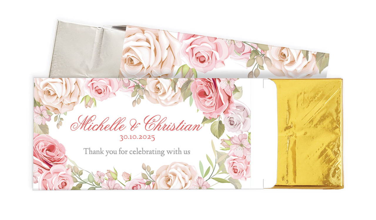 Classic Rose Border Wedding Personalised Chocolate Bar In A Box