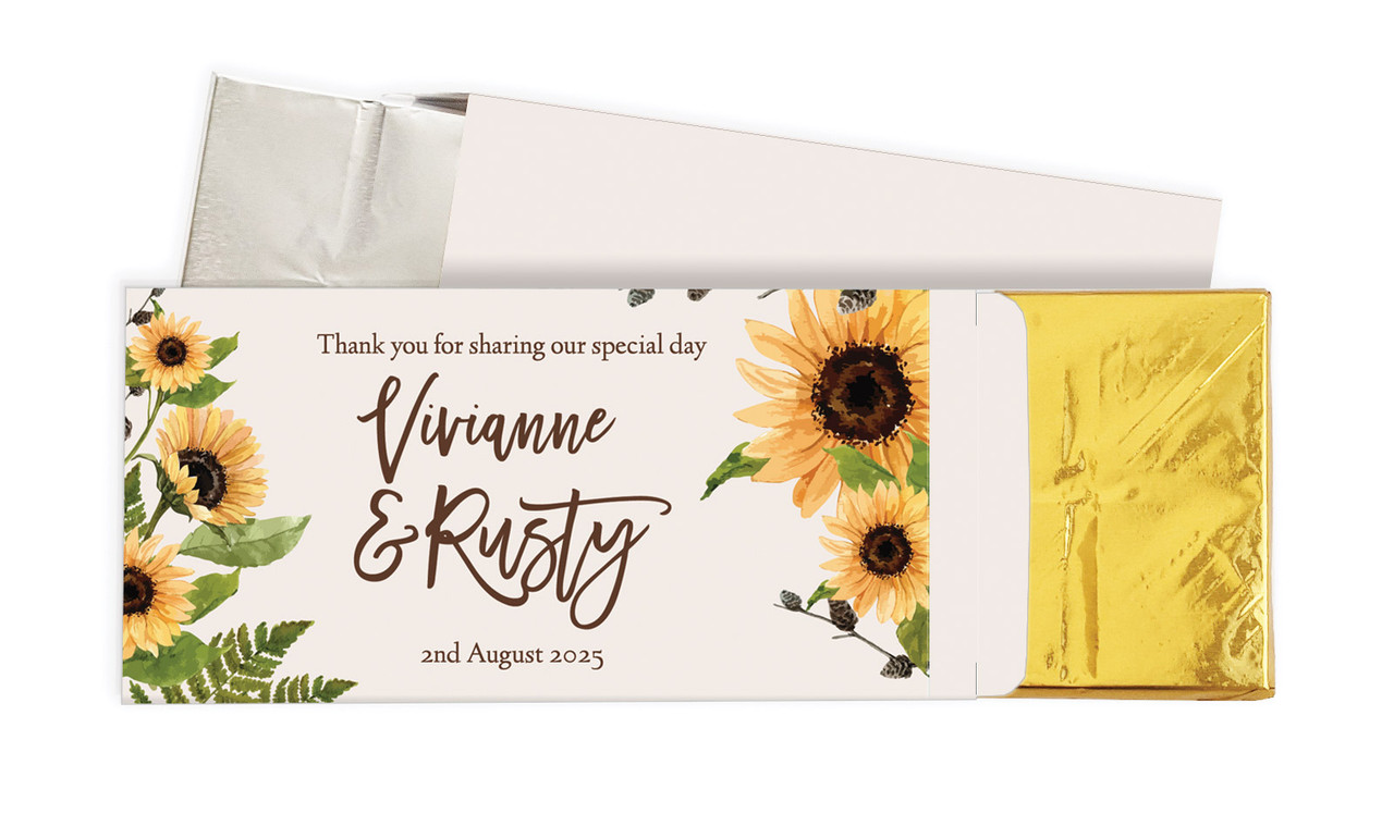 Rustic Sunflower Wedding Personalised Chocolate Bar In A Box