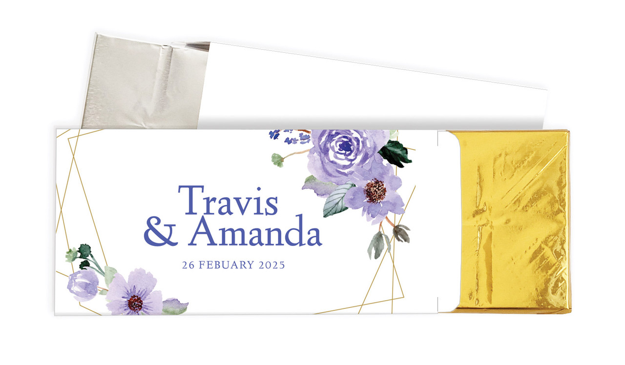 Violets On Gold Frame Wedding Personalised Chocolate Bar In A Box