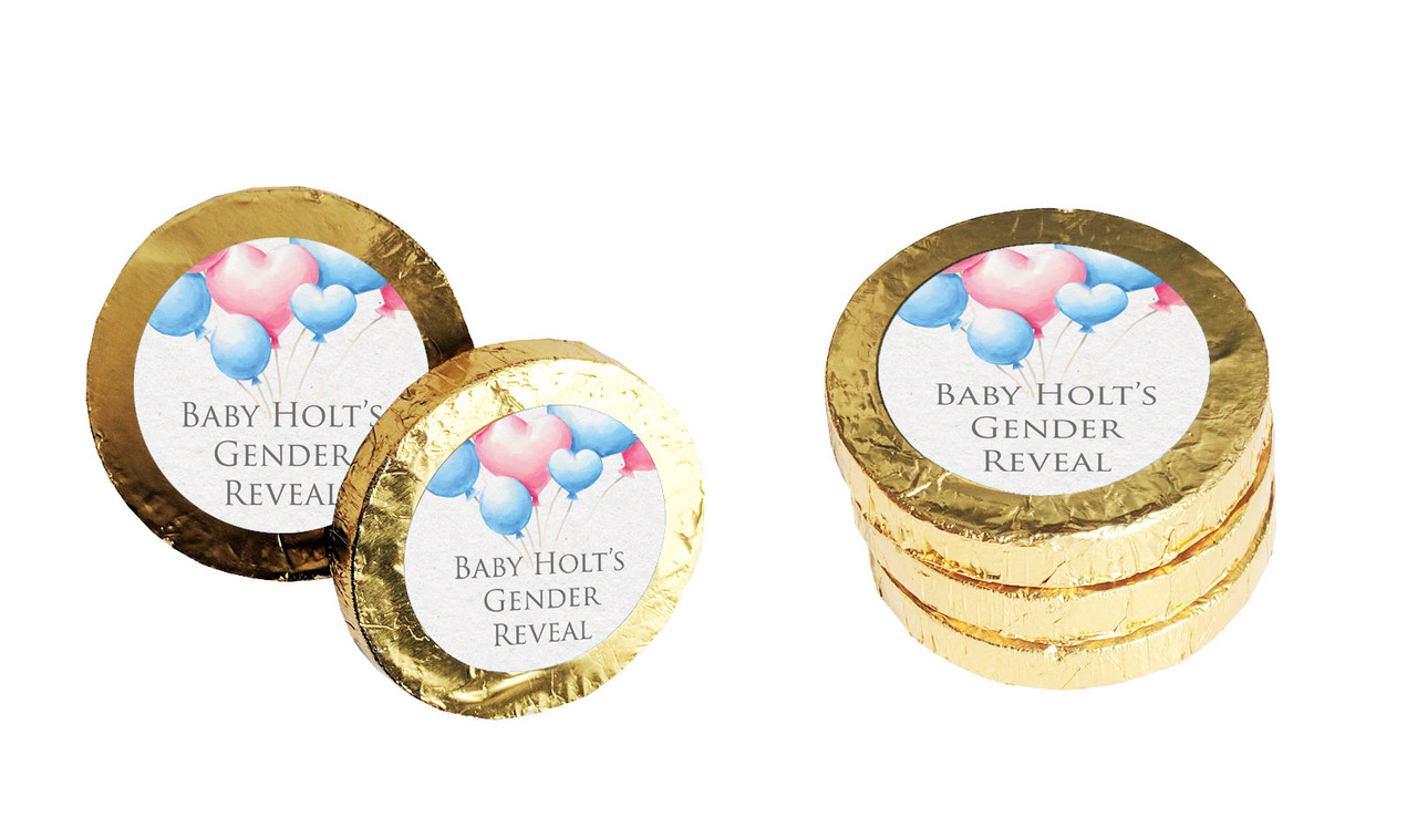 Balloons Gender Reveal Custom Gold Chocolate Coin