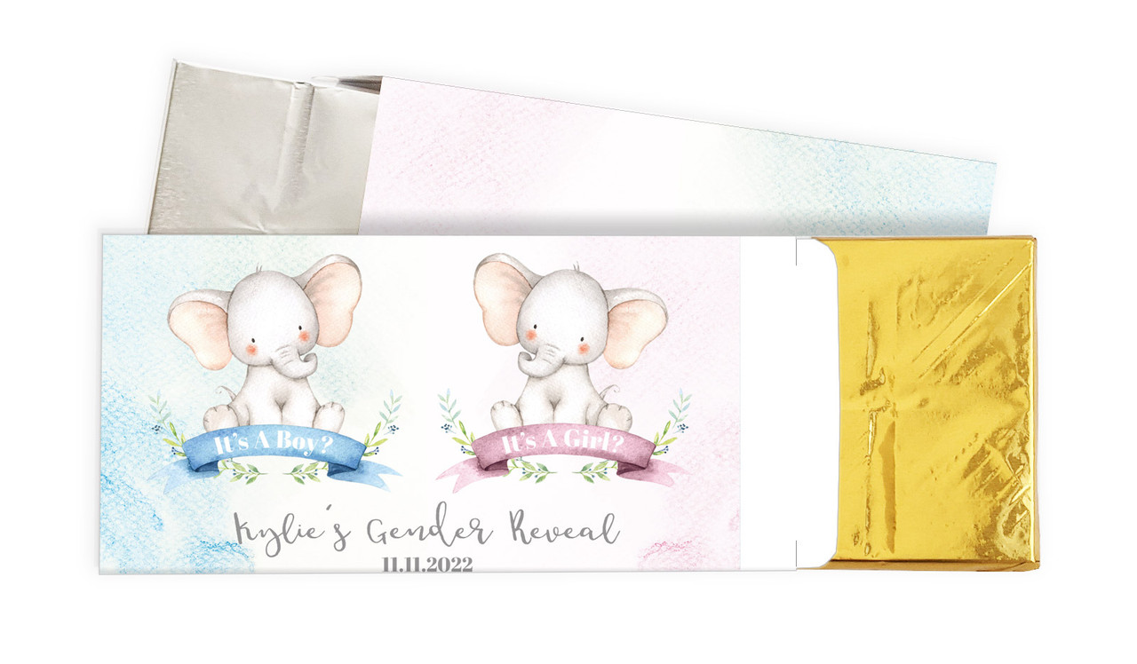 Sitting Elephants Gender Reveal Personalised Chocolate Bar In A Box