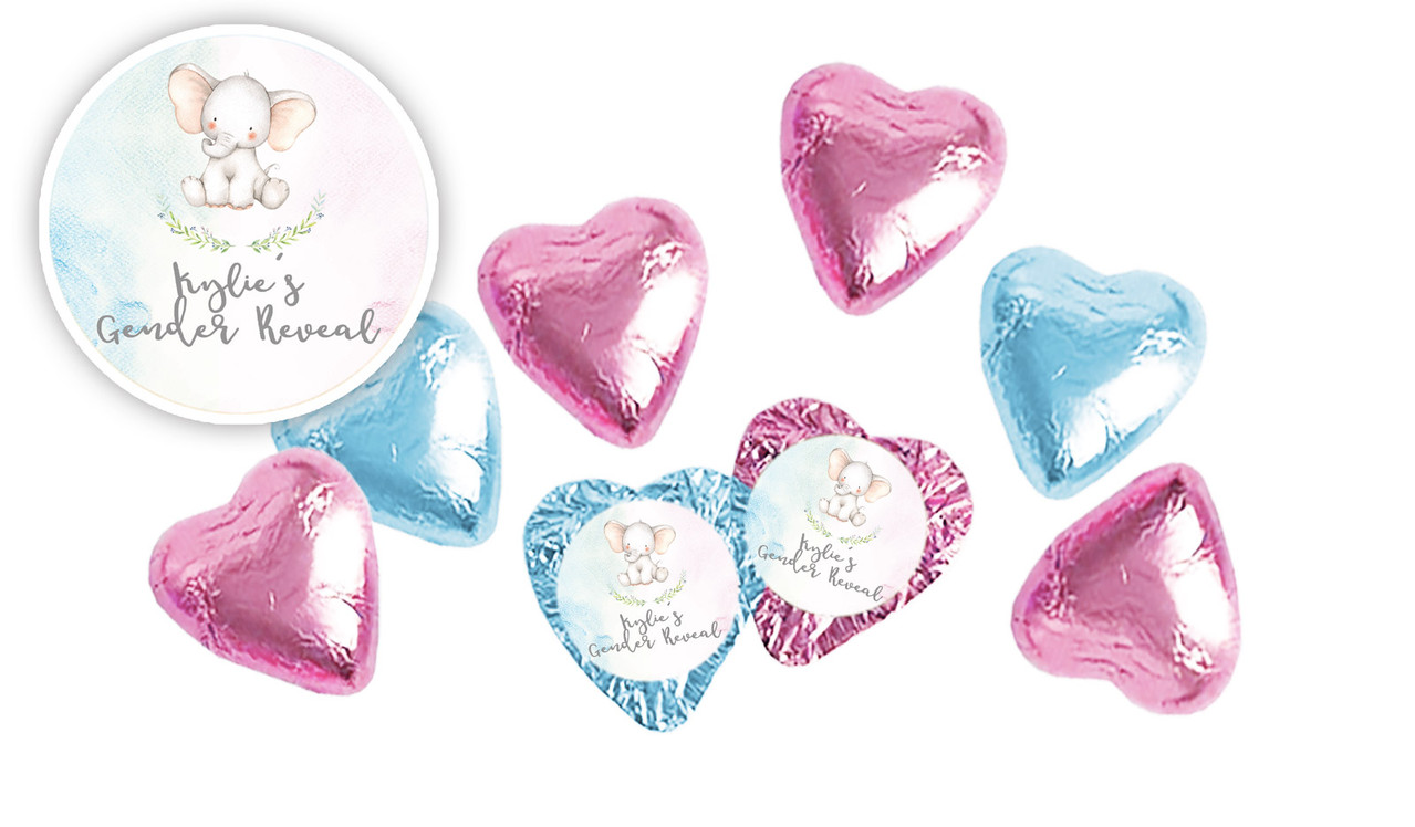 Sitting Elephants Gender Reveal Personalised Foil Chocolate Hearts
