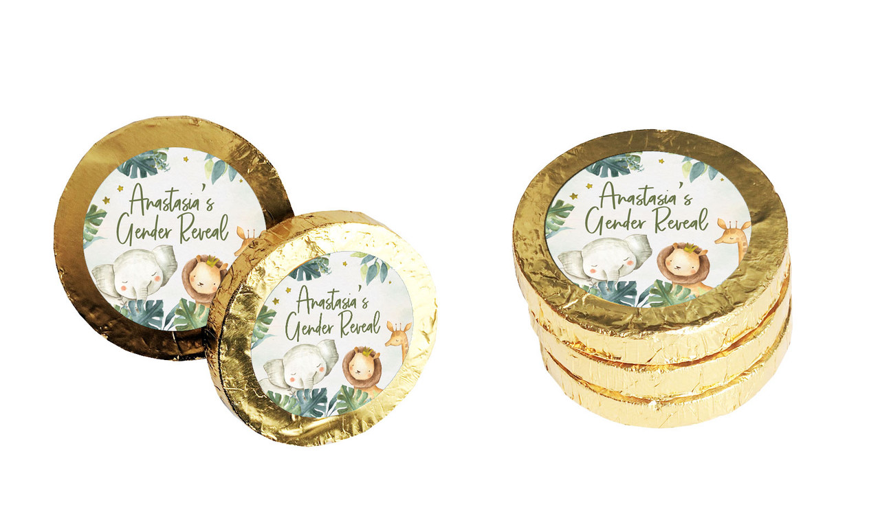 Animals On Safari Gender Reveal Custom Gold Chocolate Coin