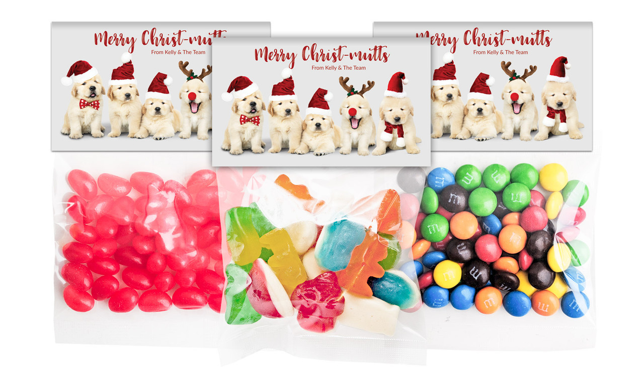 Gorgeous Puppies Christmas Personalised Lolly Bag With Topper