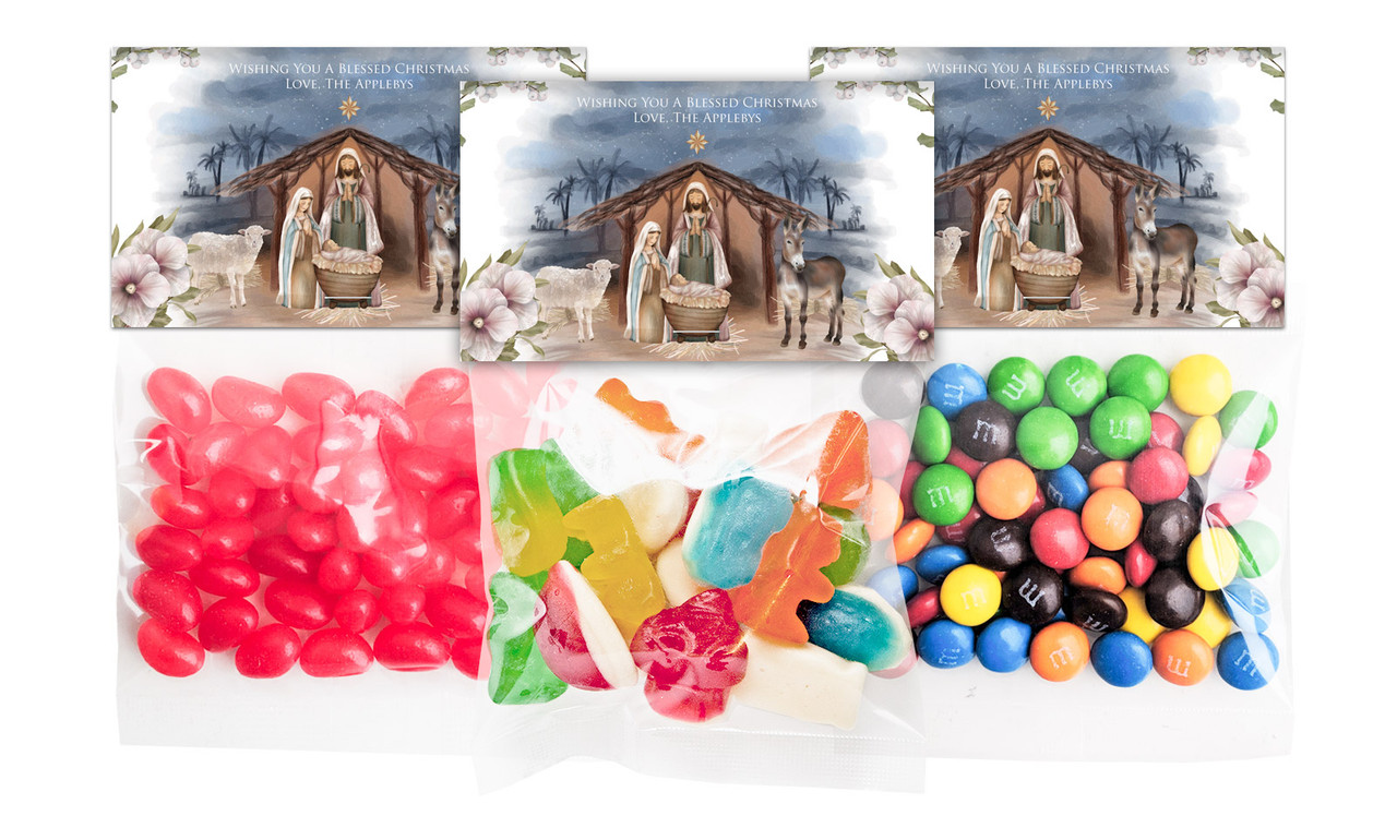 Nativity Scene Christmas Personalised Lolly Bag With Topper