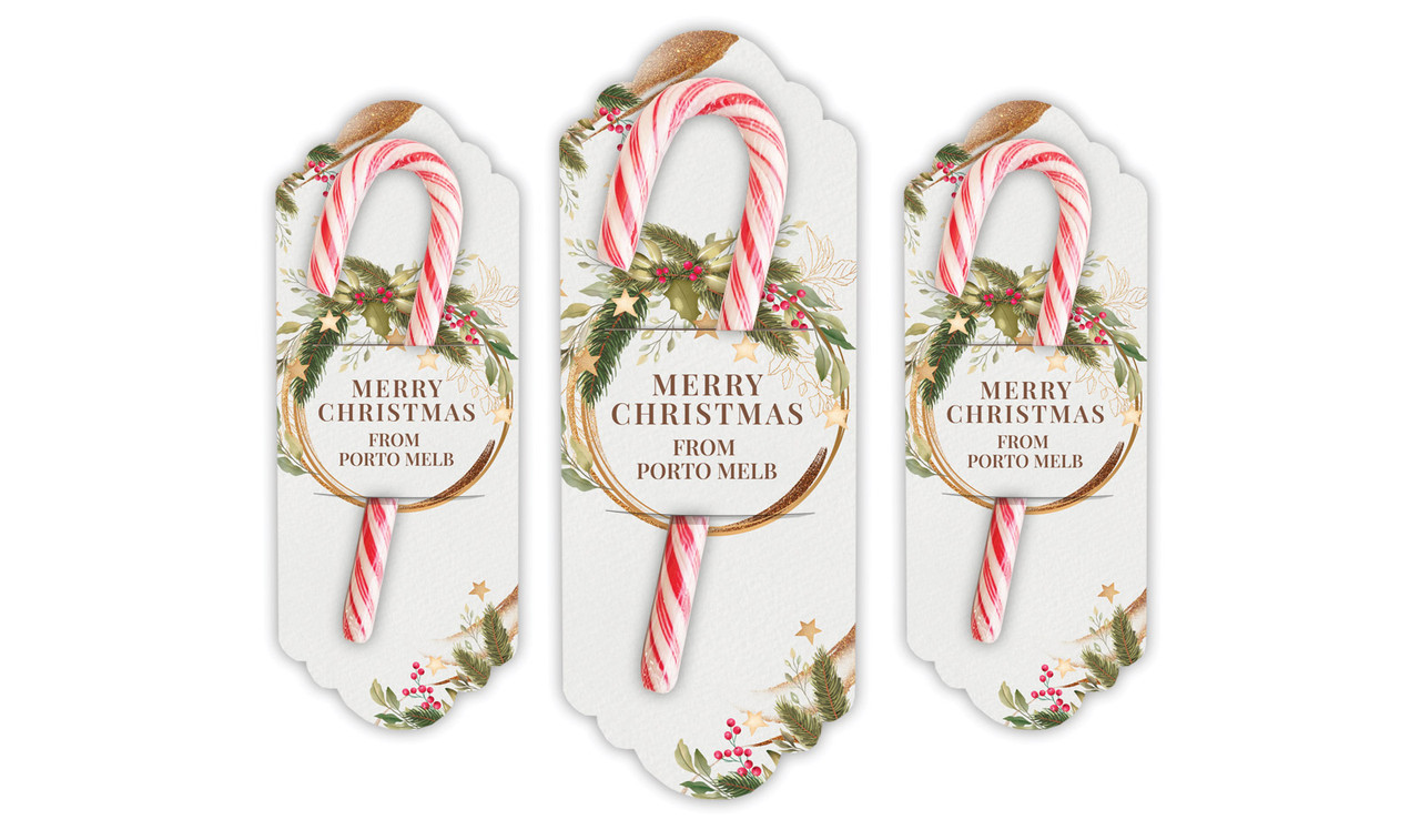 Golden Wreath Personalised Christmas Candy Cane Card