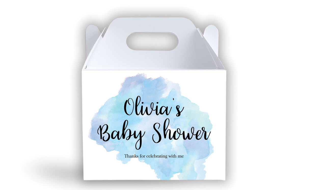 A Splash Of Watercolour Blue Baby Shower Personalised Gable Favour Box