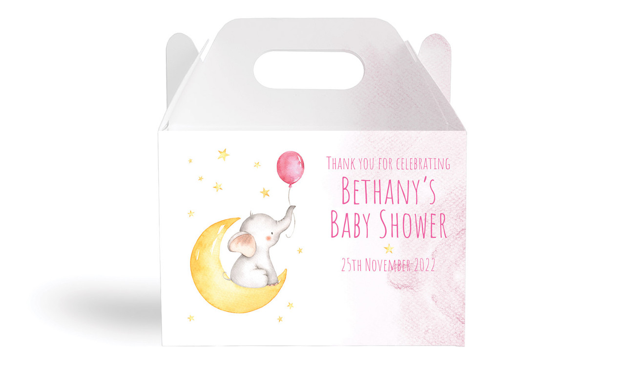 Elephant Moon Pink Baby Shower Personalised Gable Favour Box