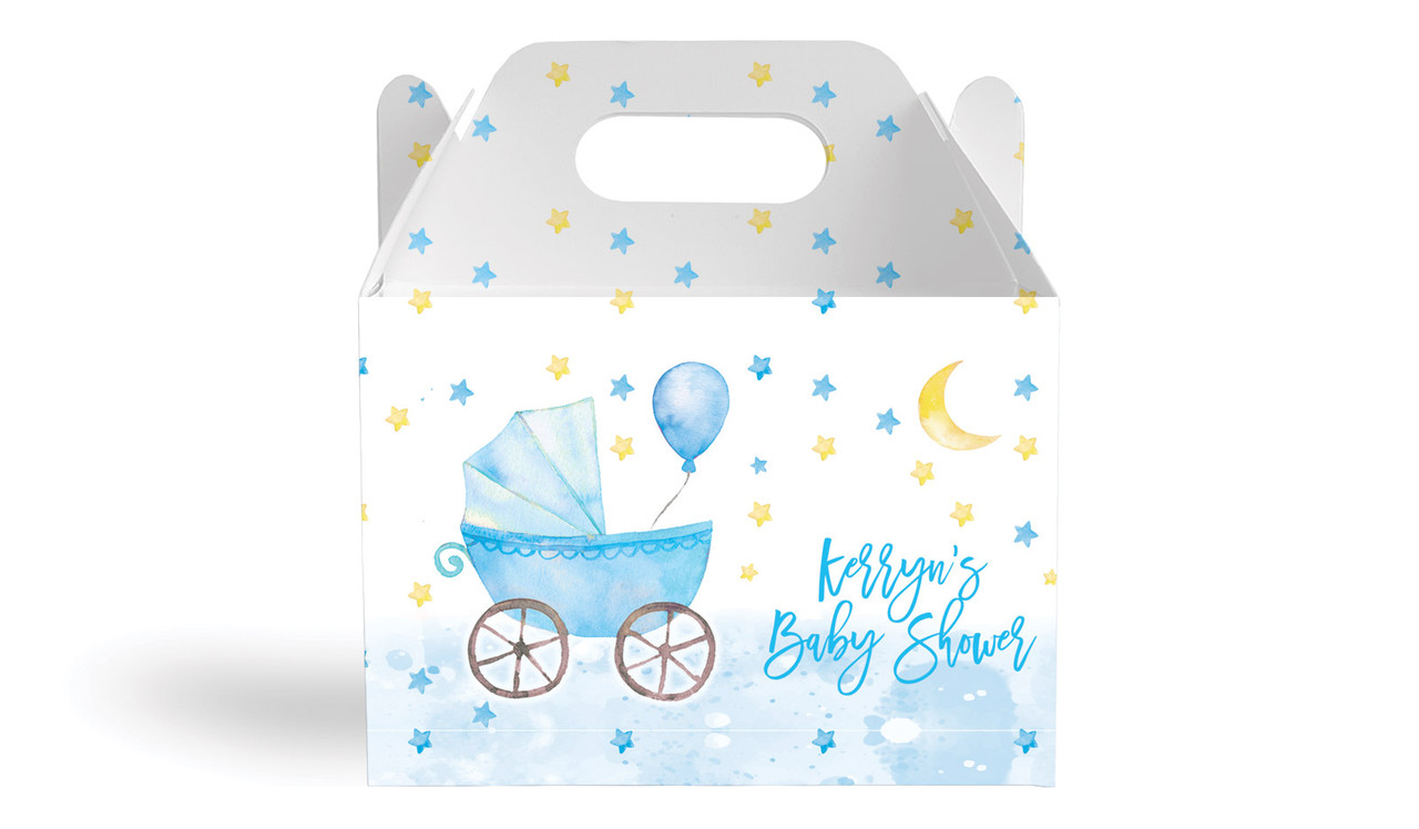 Pram Blue Baby Shower Personalised Gable Favour Box