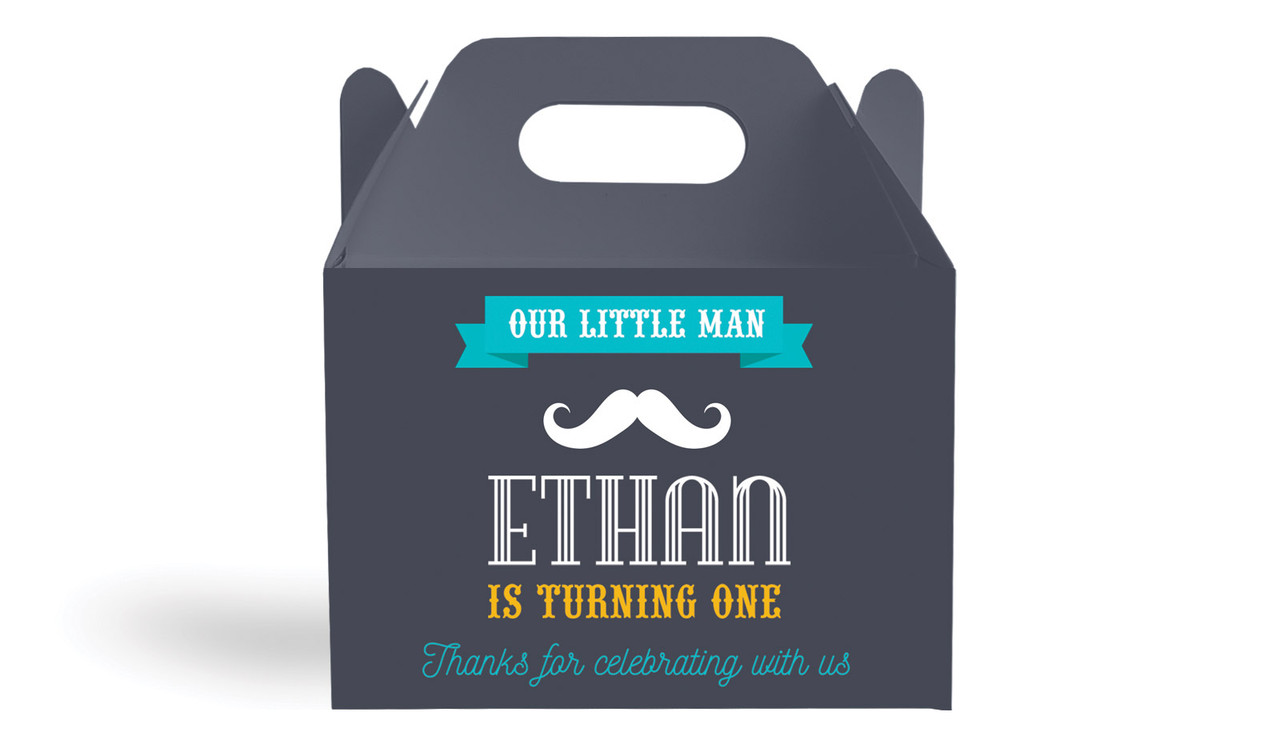 Little Man Moustache Kids Party Personalised Gable Favour Box