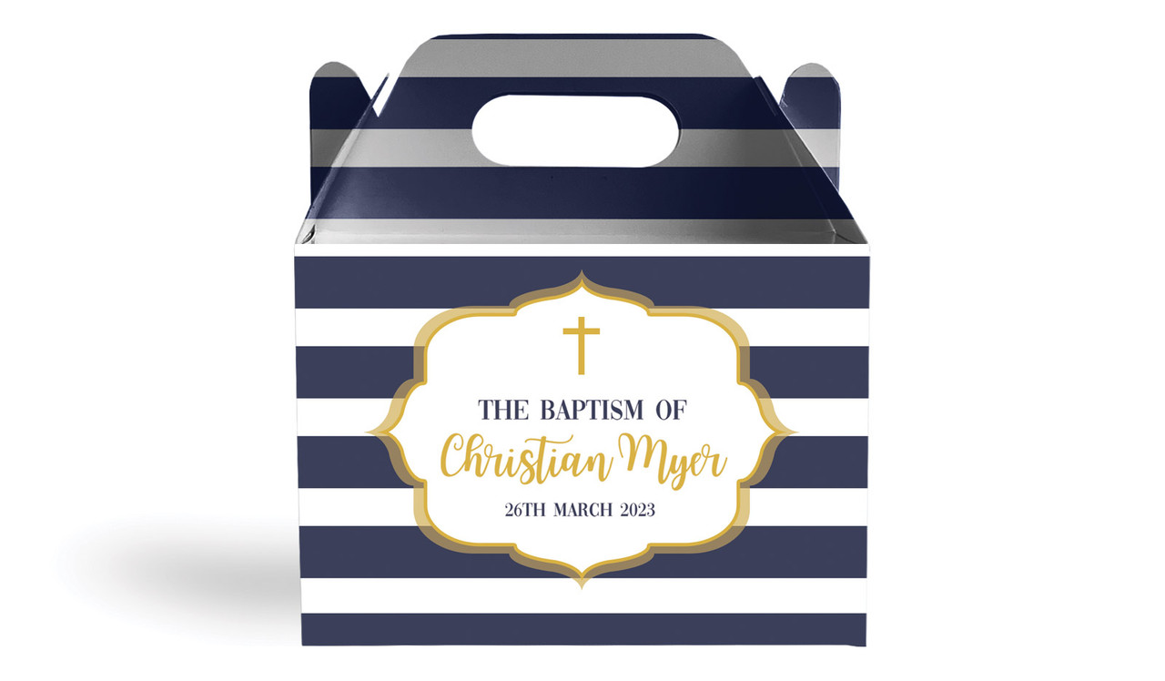 Bold Stripe And Gold Christening Personalised Gable Favour Box