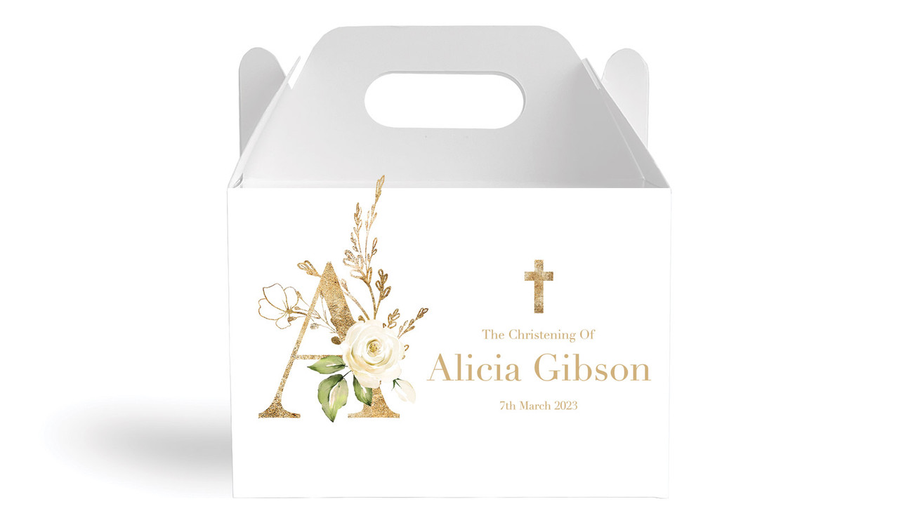 Monogram Rose Christening Personalised Gable Favour Box