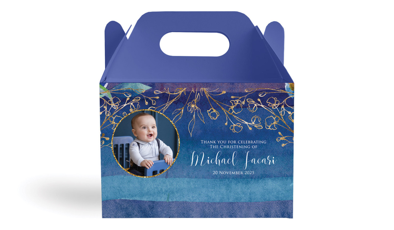 Navy Gold Photo Christening Personalised Gable Favour Box