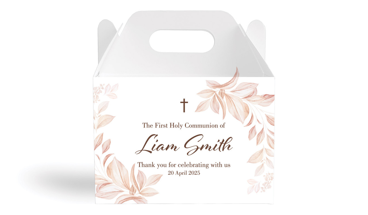 Natural Leaves Communion Personalised Gable Favour Box