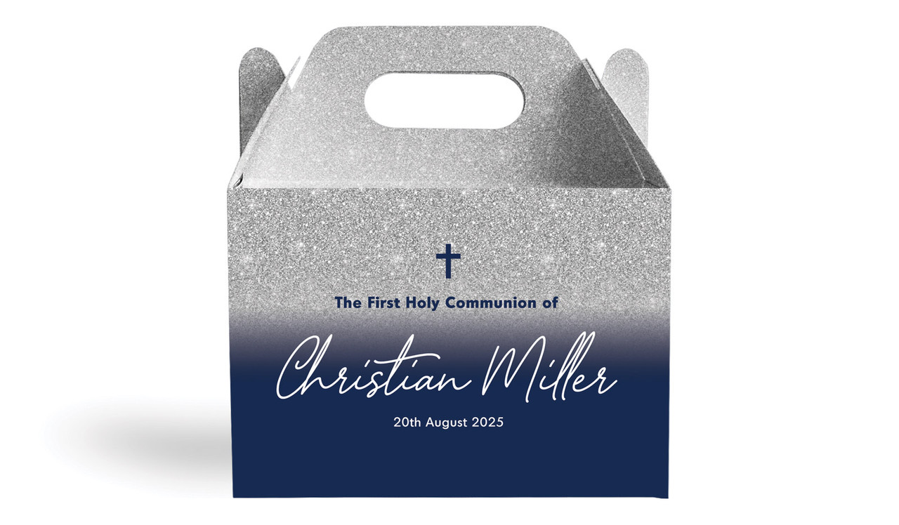 Blue and Silver glitter Communion Personalised Gable Favour Box