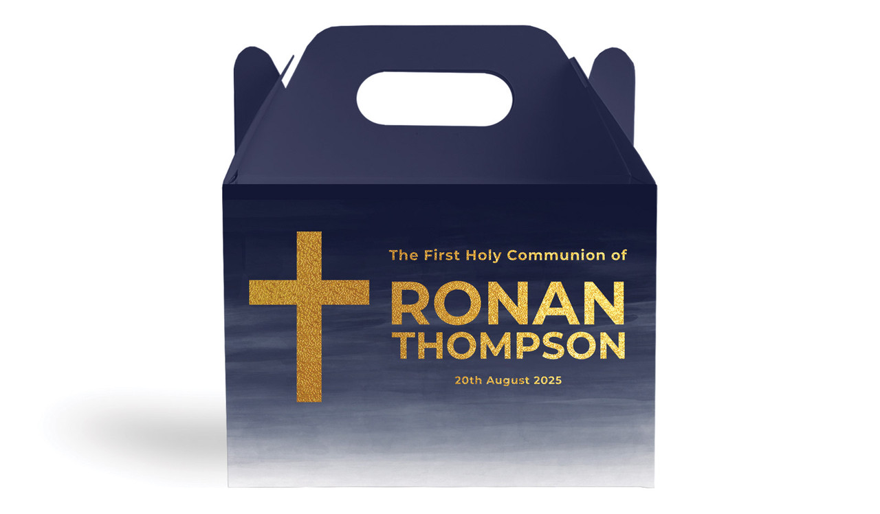 Navy Blue Watercolour Communion Personalised Gable Favour Box