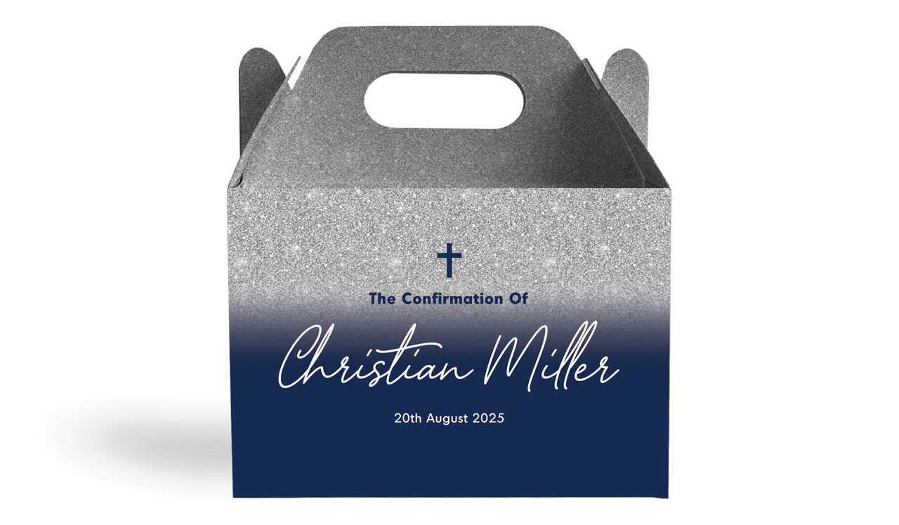 Blue and Silver glitter Confirmation Personalised Gable Favour Box