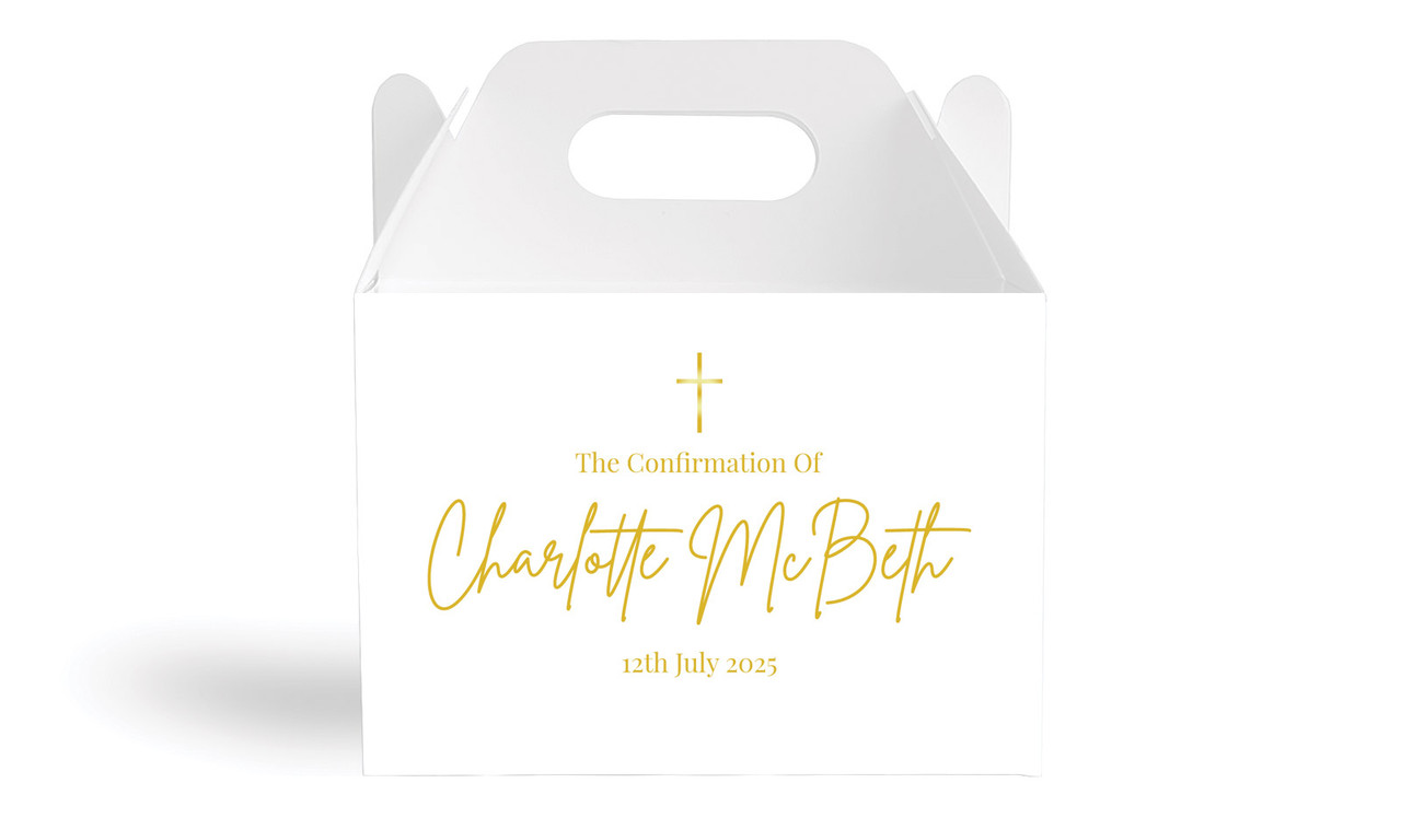 Modern White and Gold Confirmation Personalised Gable Favour Box