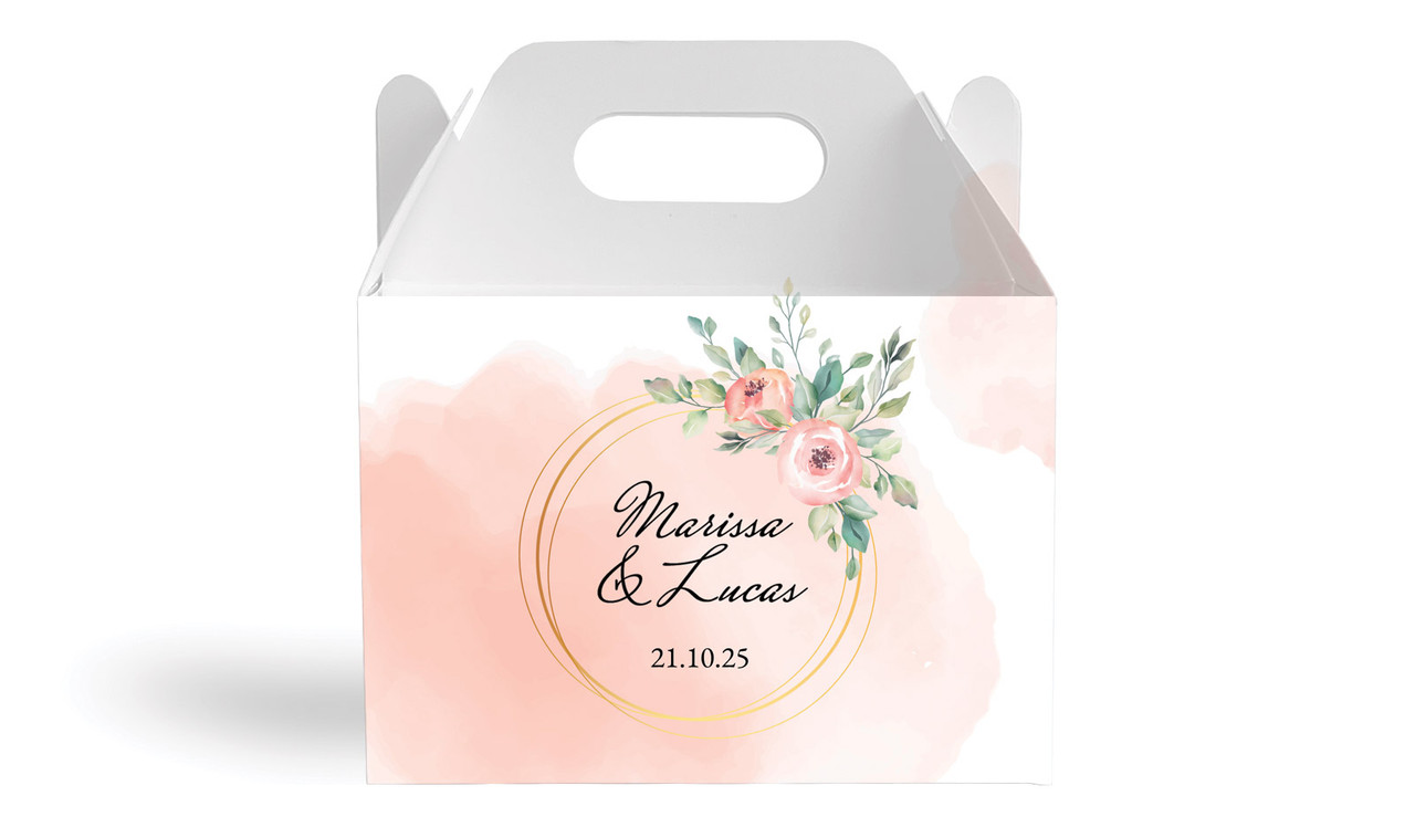 Gold Rings On Peach Wedding Personalised Gable Favour Box