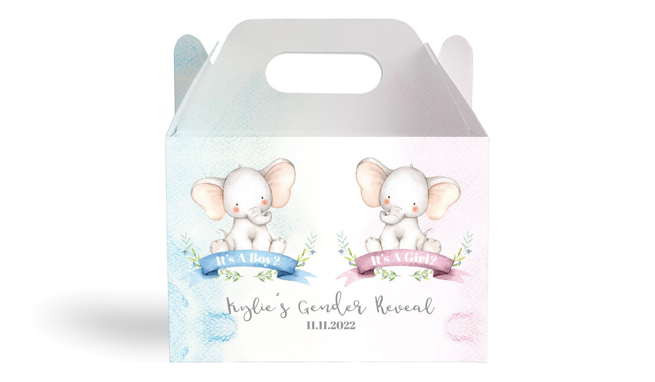 Sitting Elephants Gender Reveal Personalised Gable Favour Box