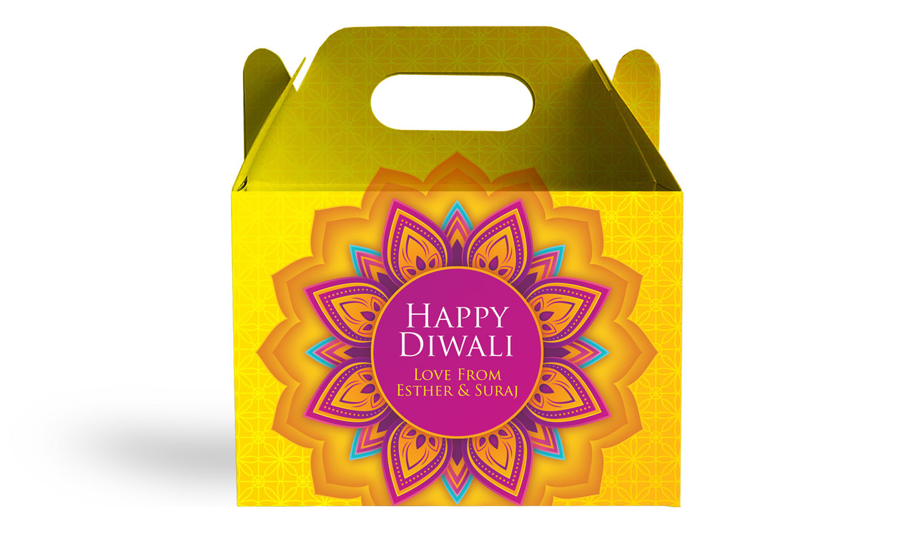 Yellow And Purple Diwali Personalised Gable Favour Box