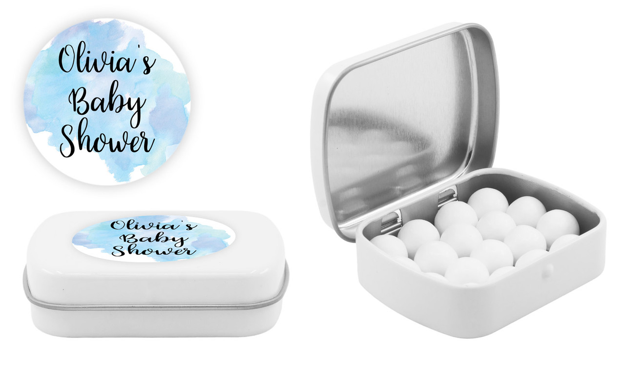 A Splash Of Watercolour Blue Baby Shower Personalised Mint Tins