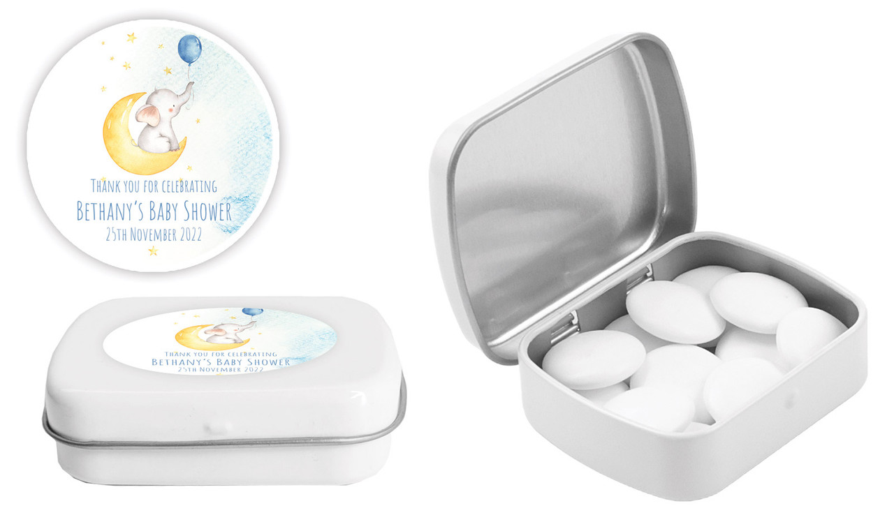 Elephant Moon Blue Baby Shower Personalised Mint Tins
