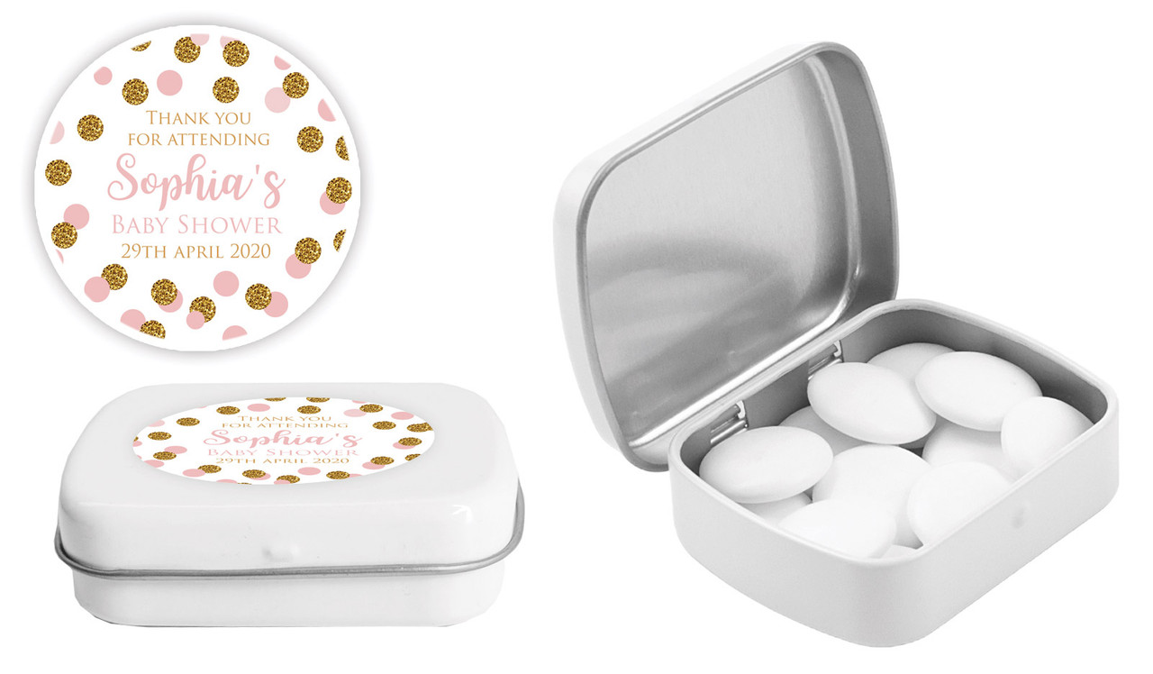 Pink Gold Confetti Baby Shower Personalised Mint Tins