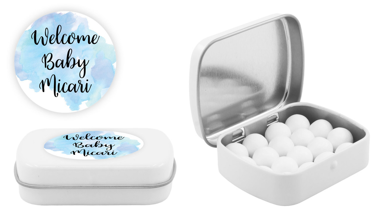 A Splash Of Watercolour Blue Birth Announcement Personalised Mint Tins