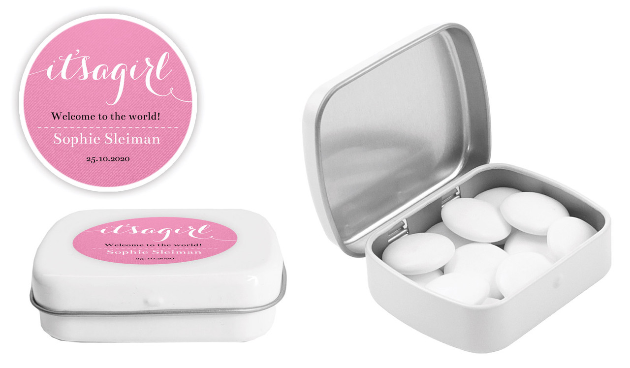 Flowing Words Girls Birth Announcement Personalised Mint Tins