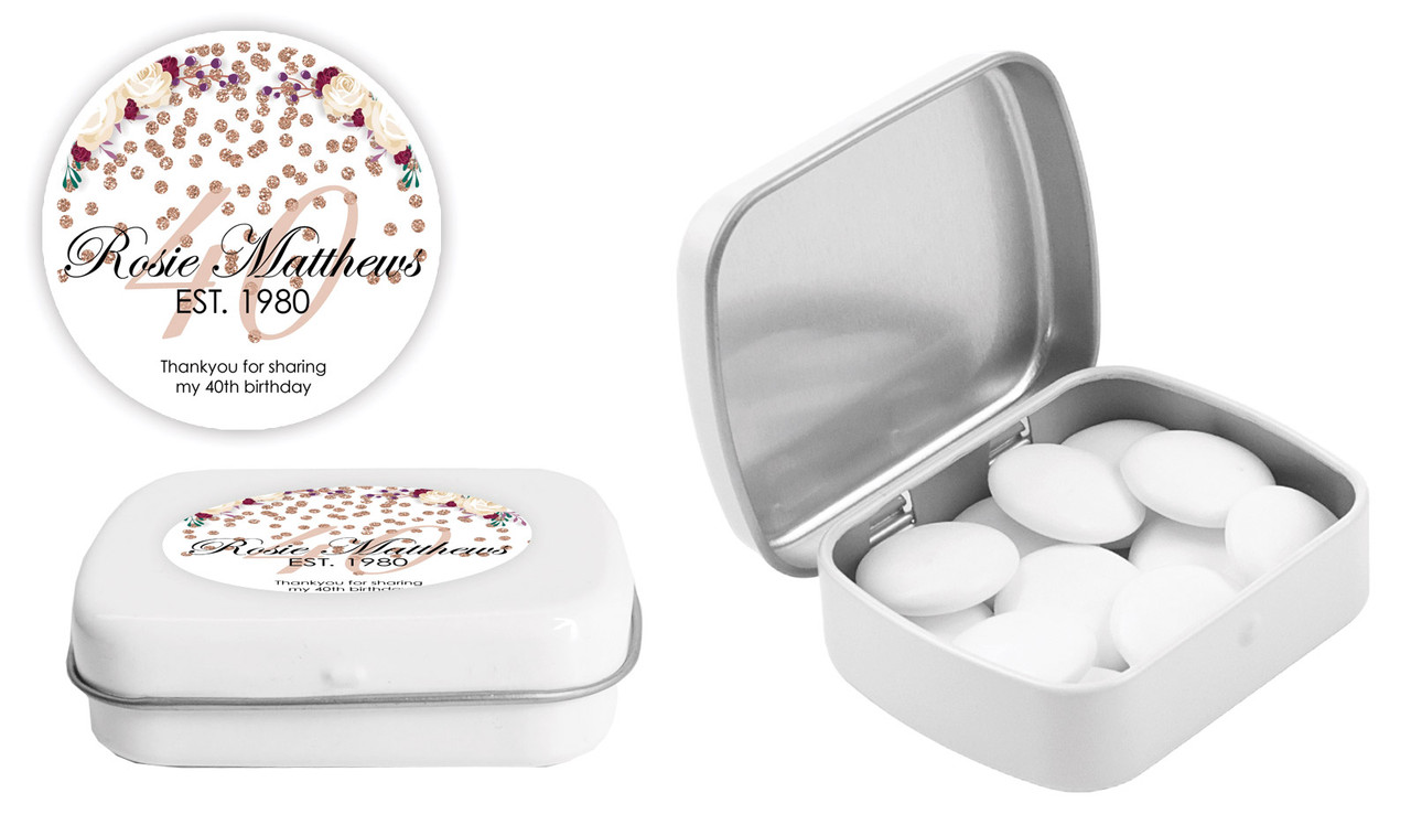 40th Rose Gold Confetti Personalised Mint Tins