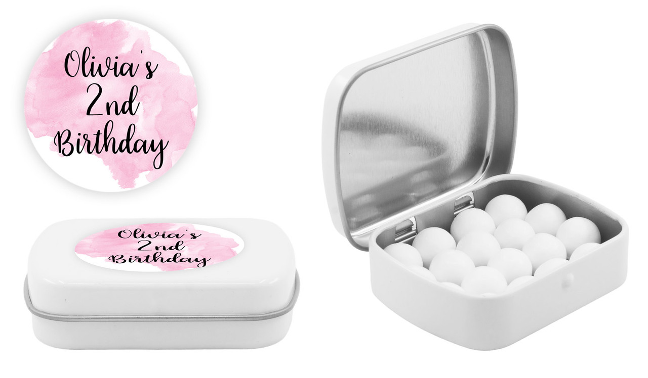 A Splash Of Watercolour Pink Kids Party Personalised Mint Tins