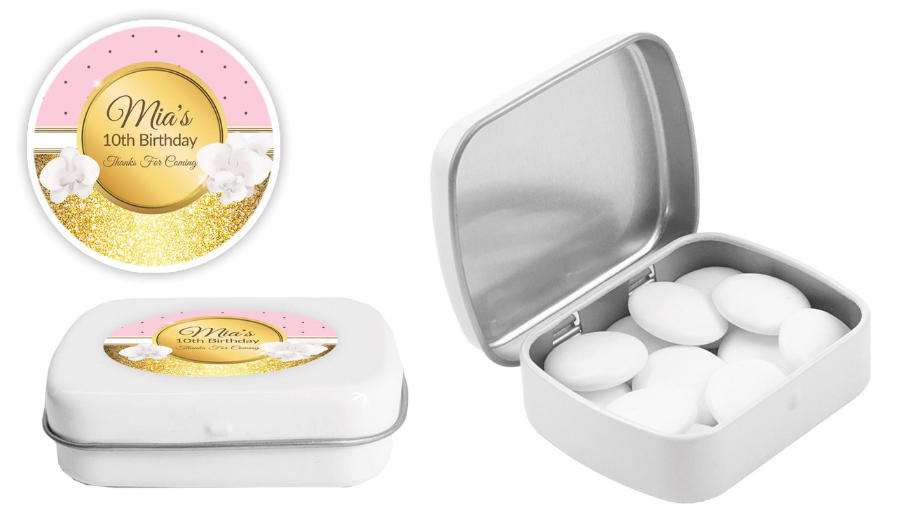 Pink & Gold Kids Party Personalised Mint Tins