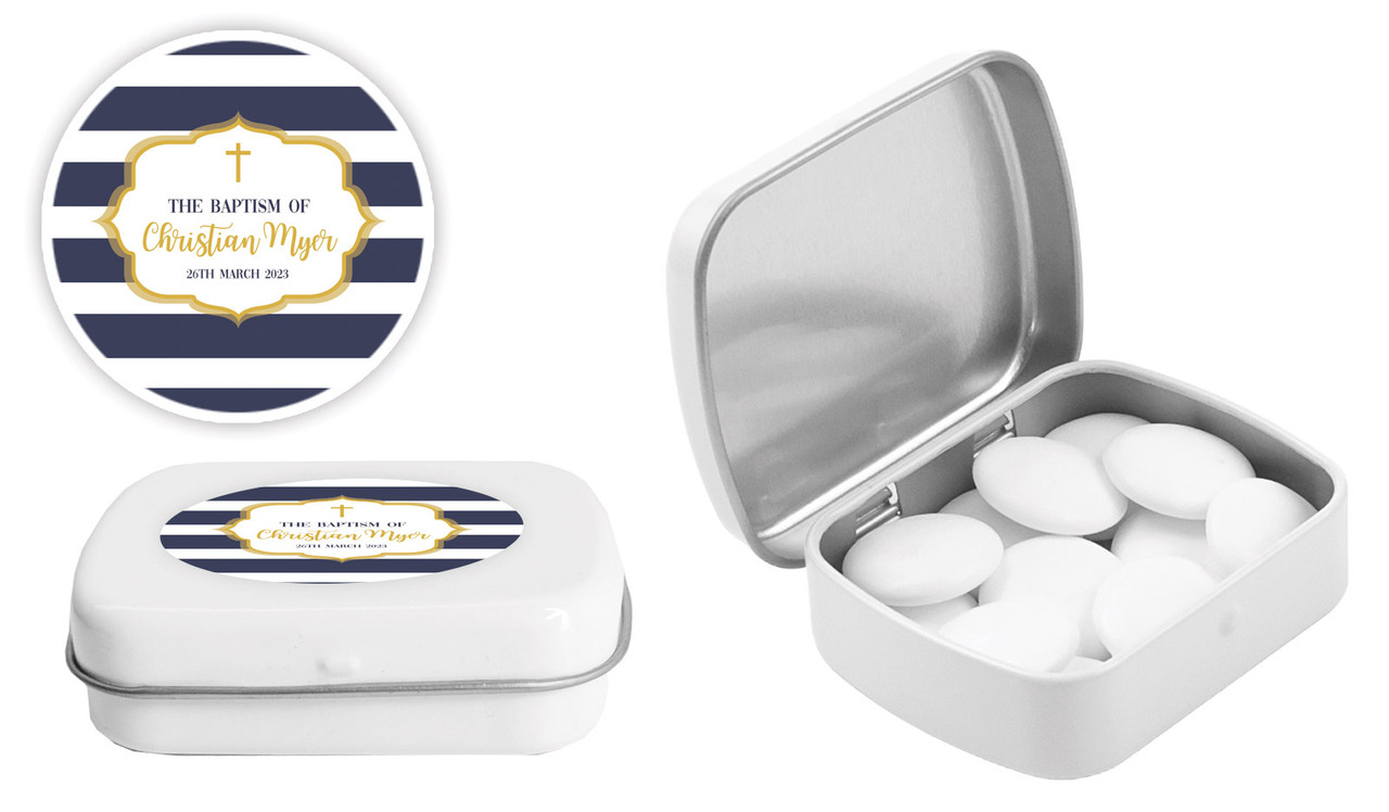 Bold Stripe And Gold Christening Personalised Mint Tins
