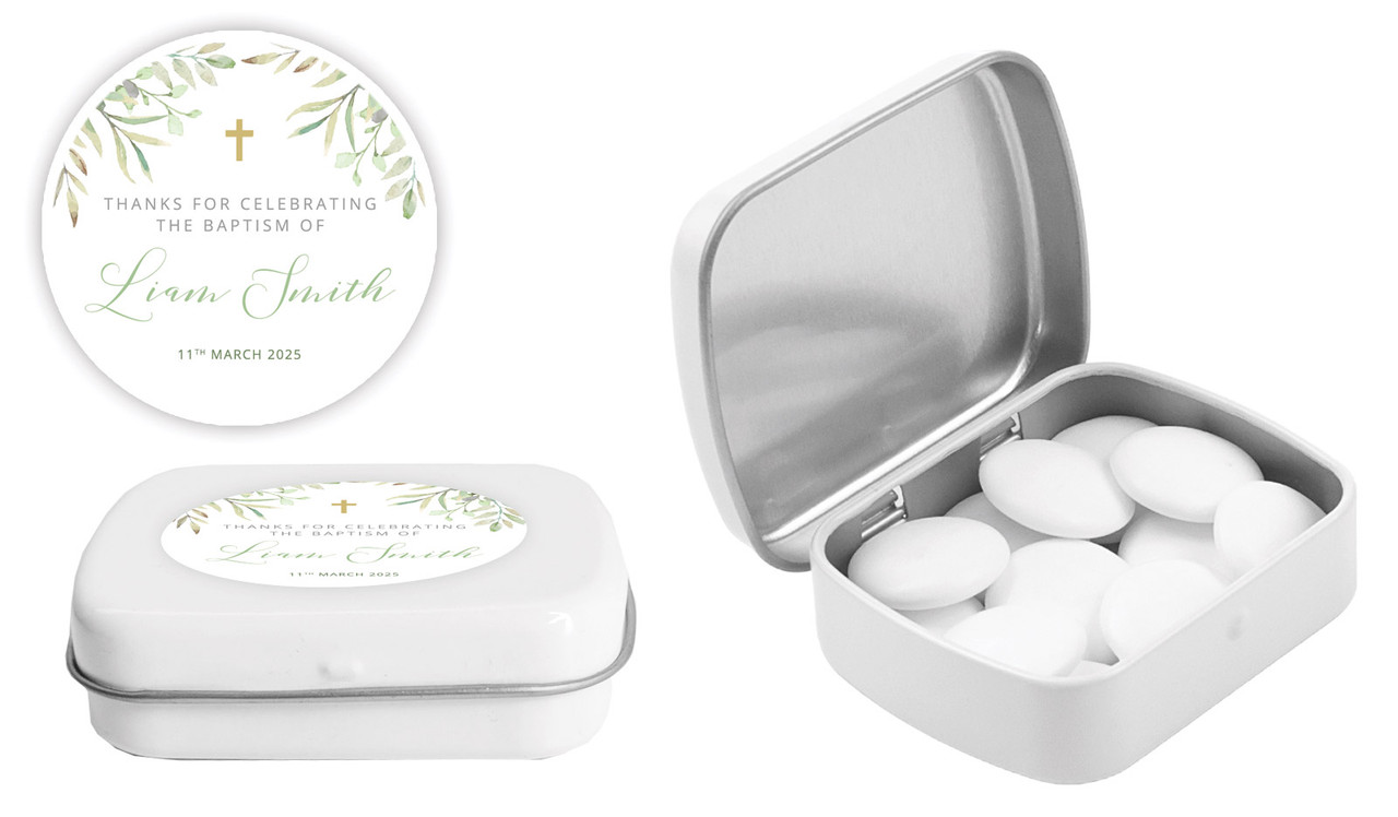 Golden Greenery Christening Personalised Mint Tins