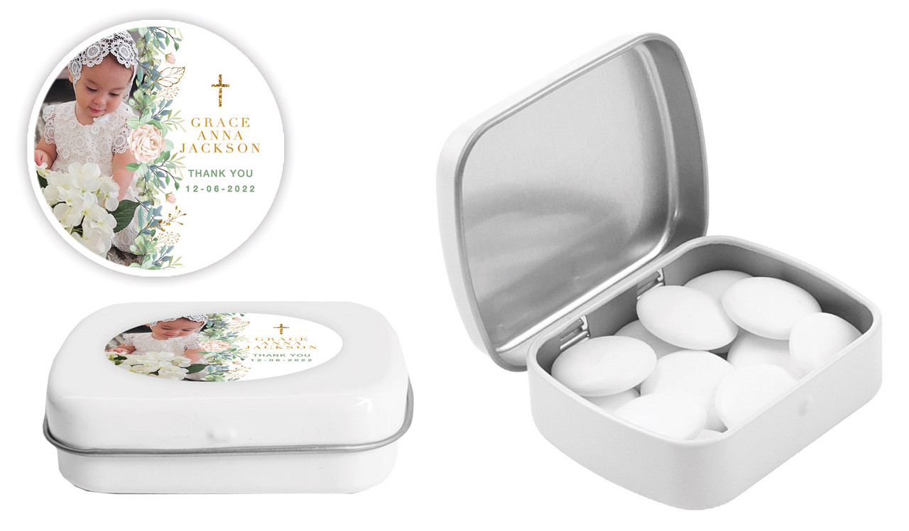 Leaves Photo Christening Personalised Mint Tins