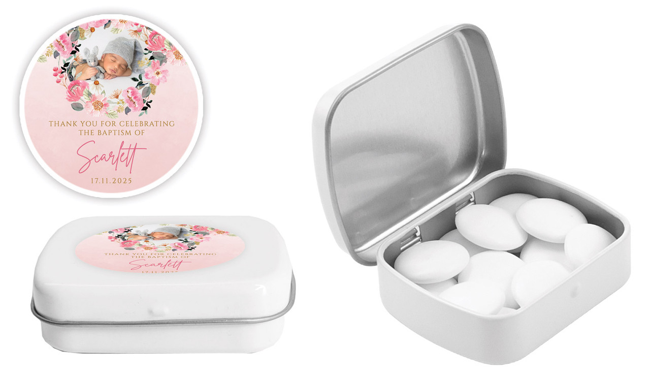Floral Frame Christening Personalised Mint Tins