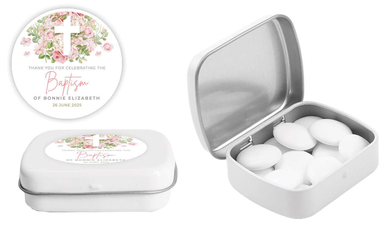 Roses Cross Christening Personalised Mint Tins