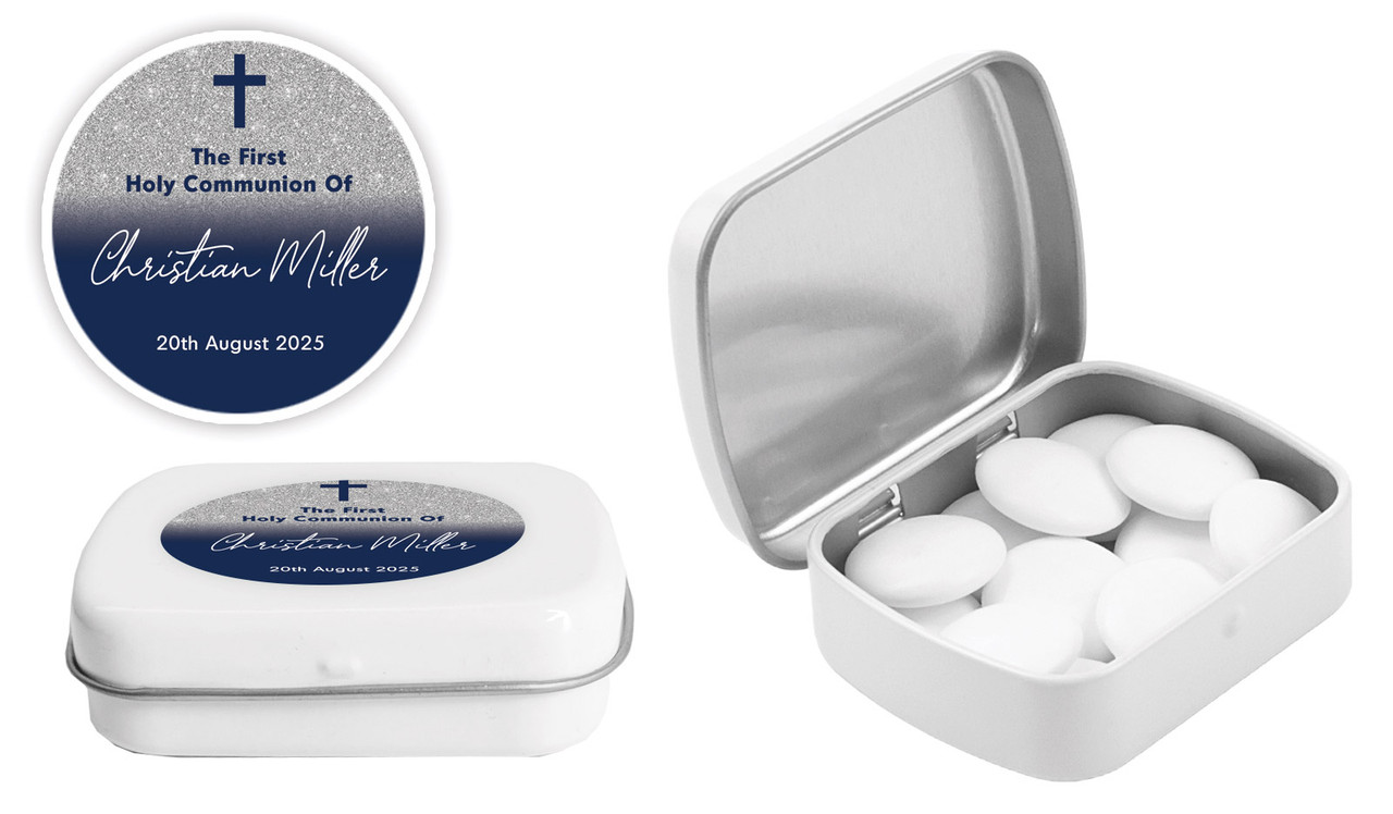 Blue and Silver glitter Communion Personalised Mint Tins