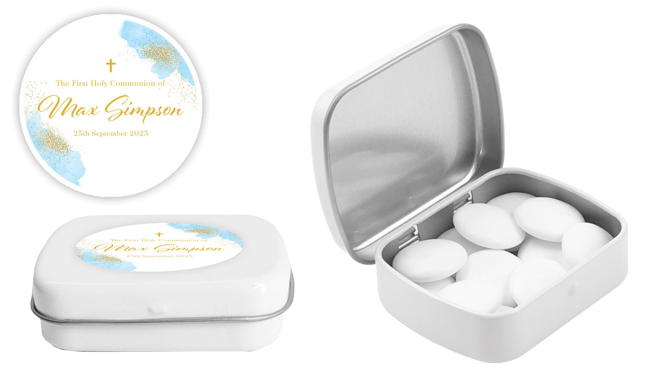 Gold Sparkle on Blue Communion Personalised Mint Tins