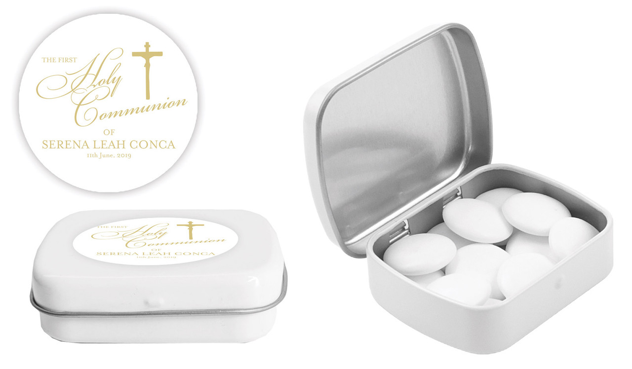 Gold Writing Communion Personalised Mint Tins