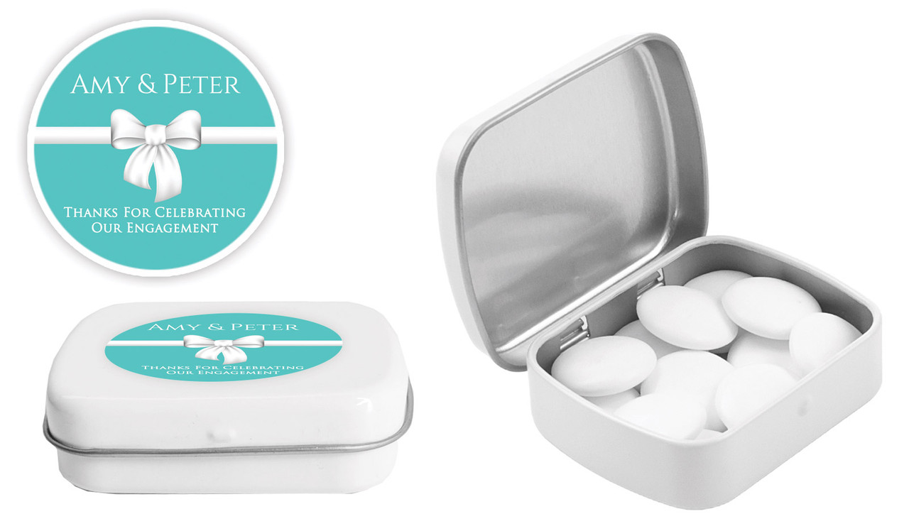 Turquoise Blue Bow Engagement Personalised Mint Tins