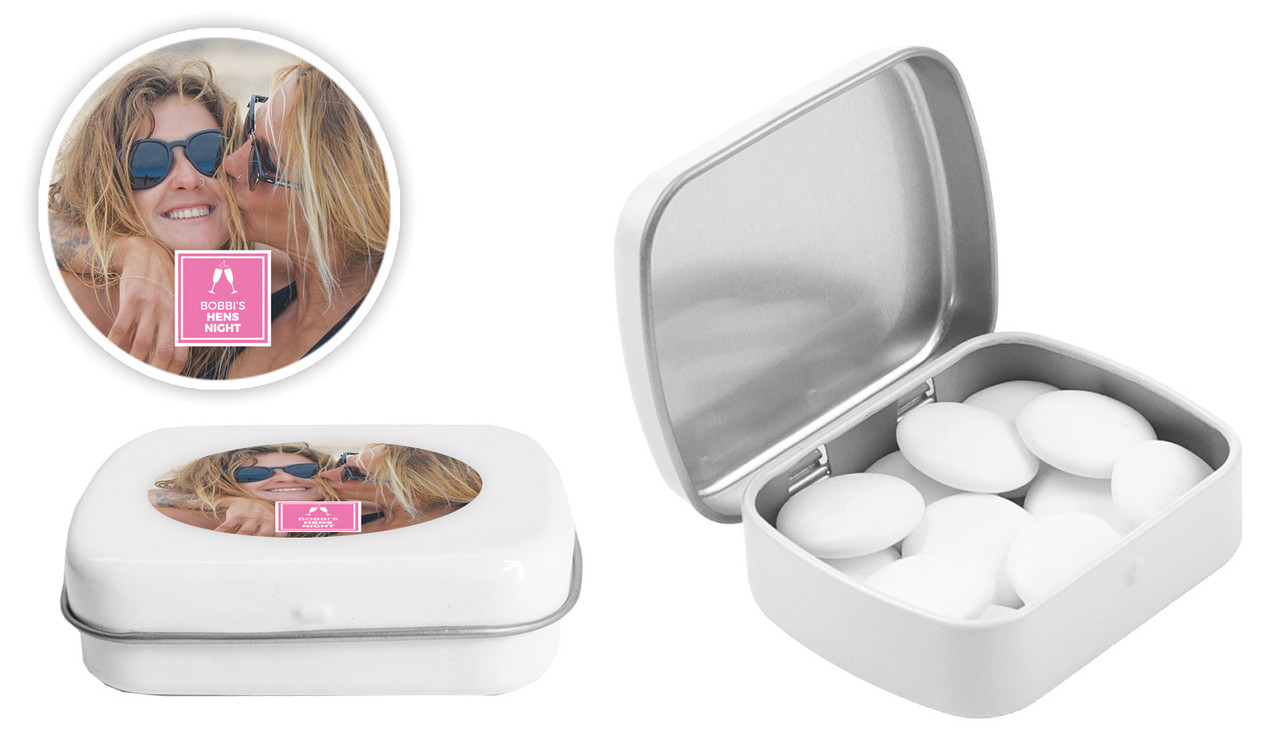 A Photo With Right Box Hens Night Personalised Mint Tins