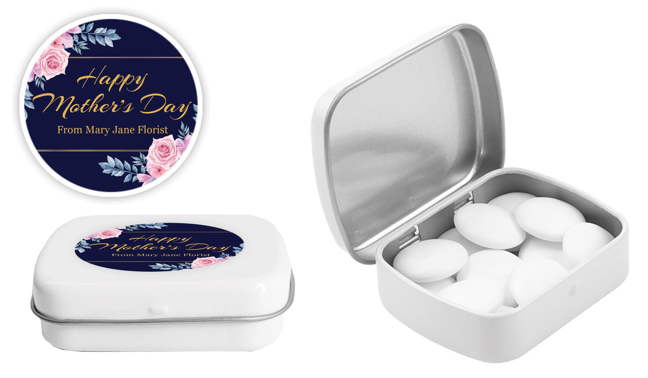 Pink Roses On Navy Mothers Day Personalised Mint Tins