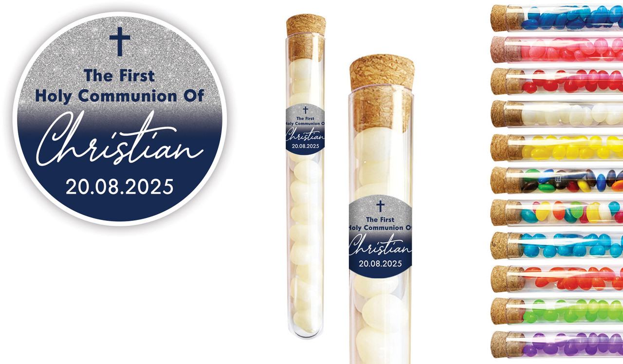 Blue and Silver glitter Communion Personalised Test Tubes