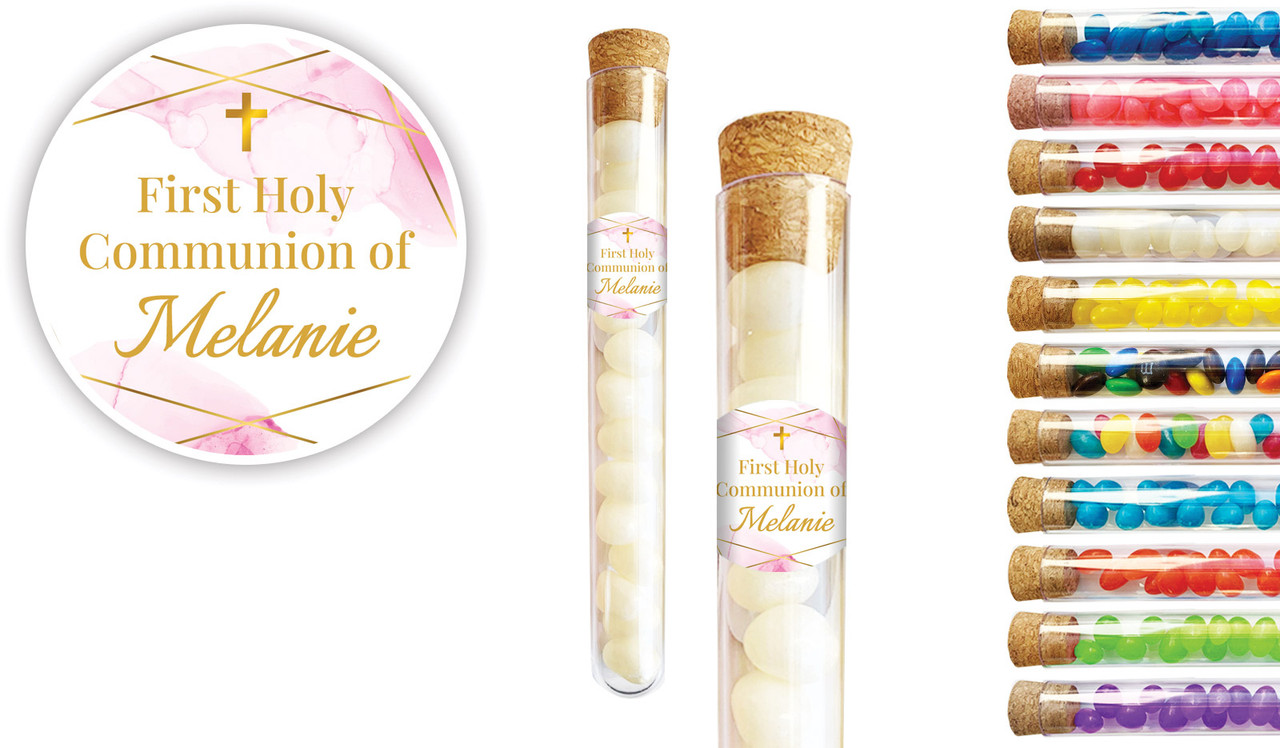 Pink Watercolour with Gold Communion Personalised Test Tubes