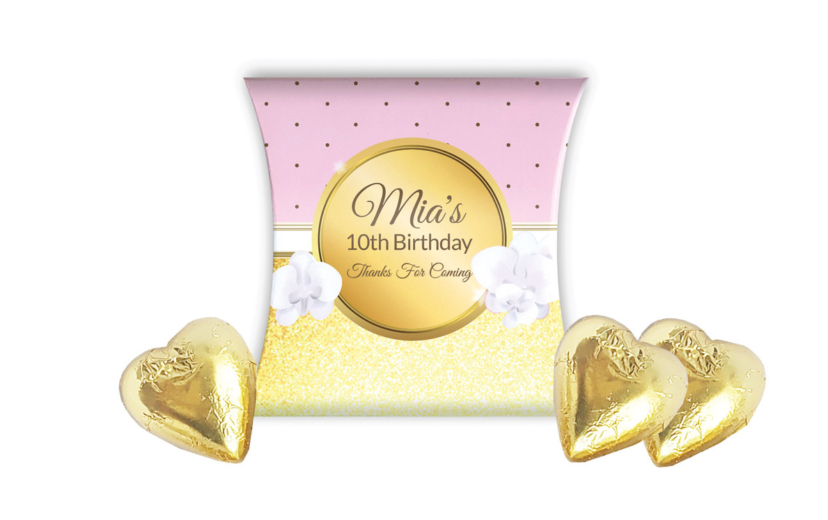 Pink & Gold Kids Party Personalised Pillow Boxes