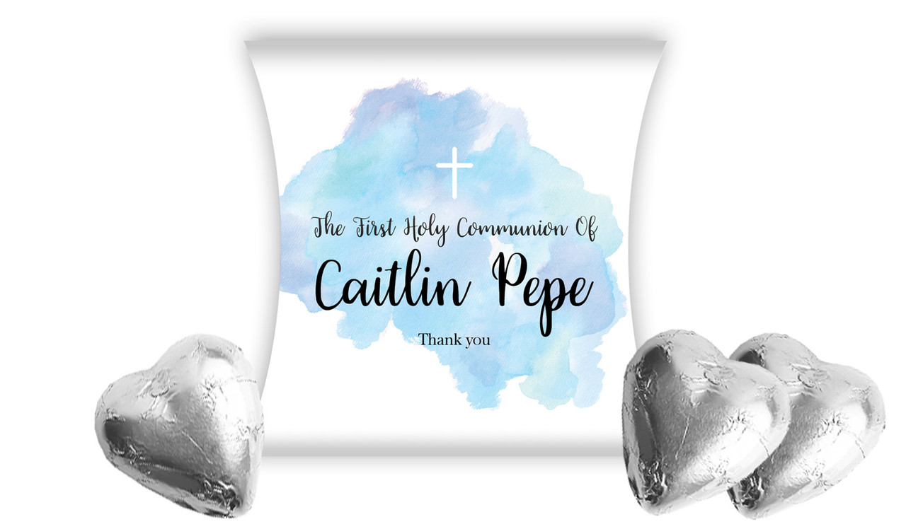 A Splash Of Watercolour Blue Communion Personalised Pillow Boxes