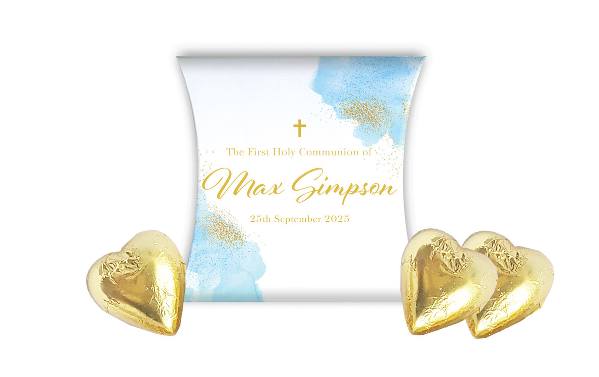 Gold Sparkle on Blue Communion Personalised Pillow Boxes