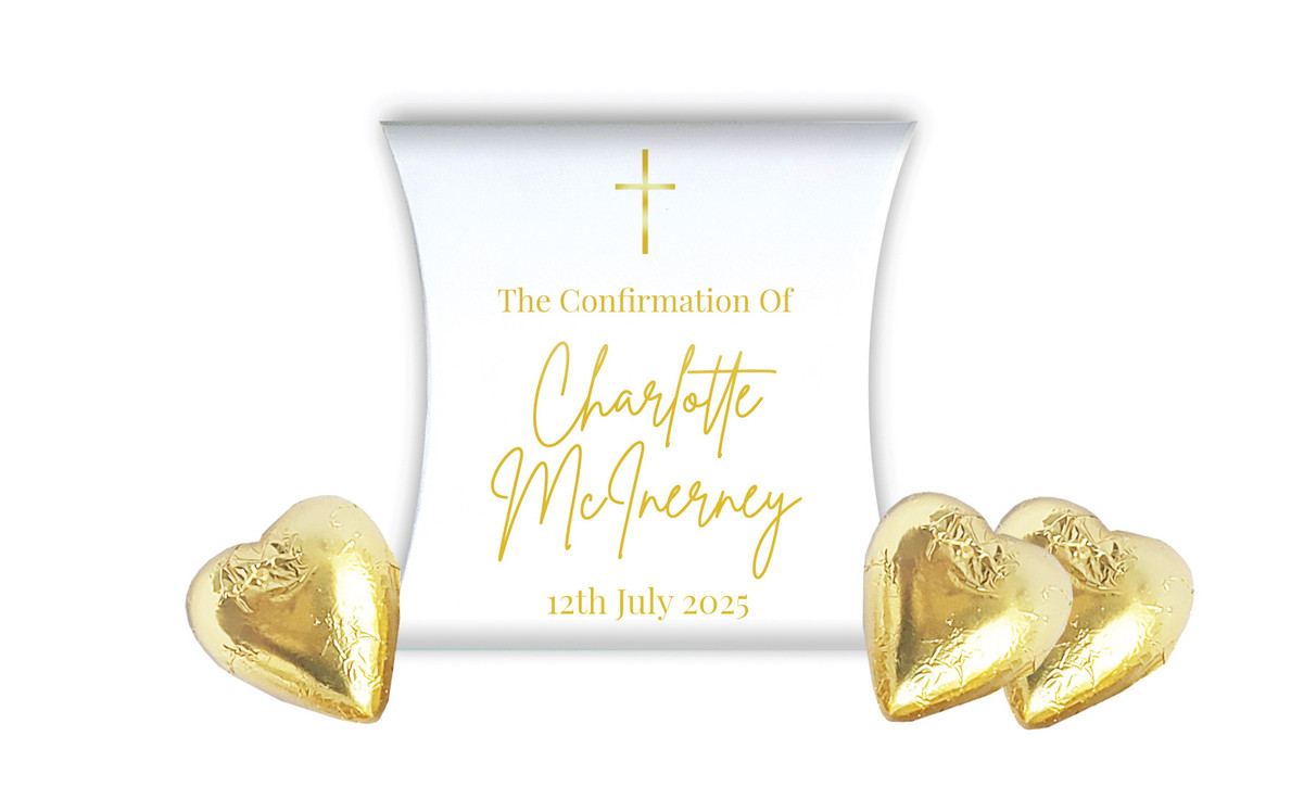 Modern White and Gold Confirmation Personalised Pillow Boxes
